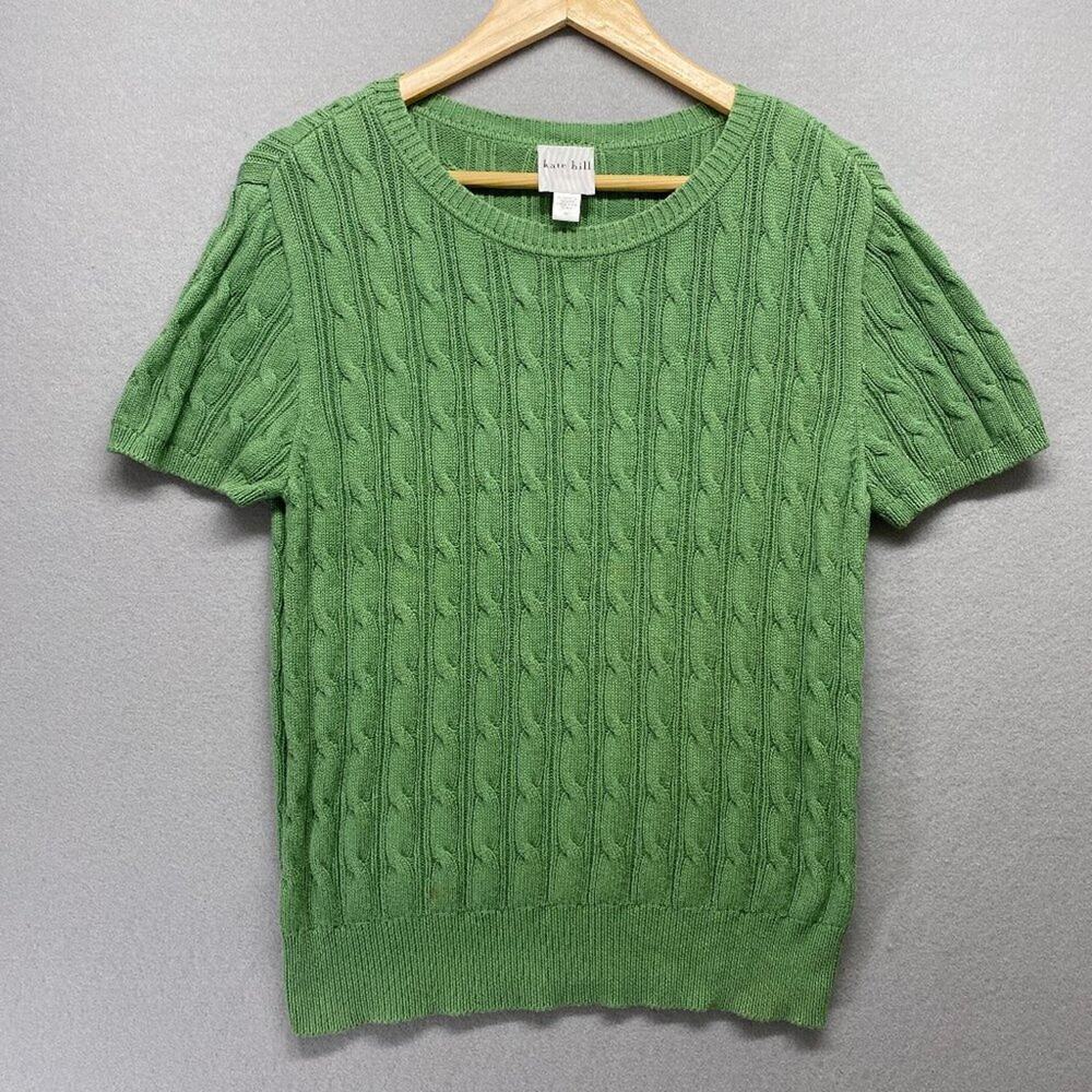 Kate Hill Sweater Womens Petite Large Green Cable Knit Pima Cotton Preppy